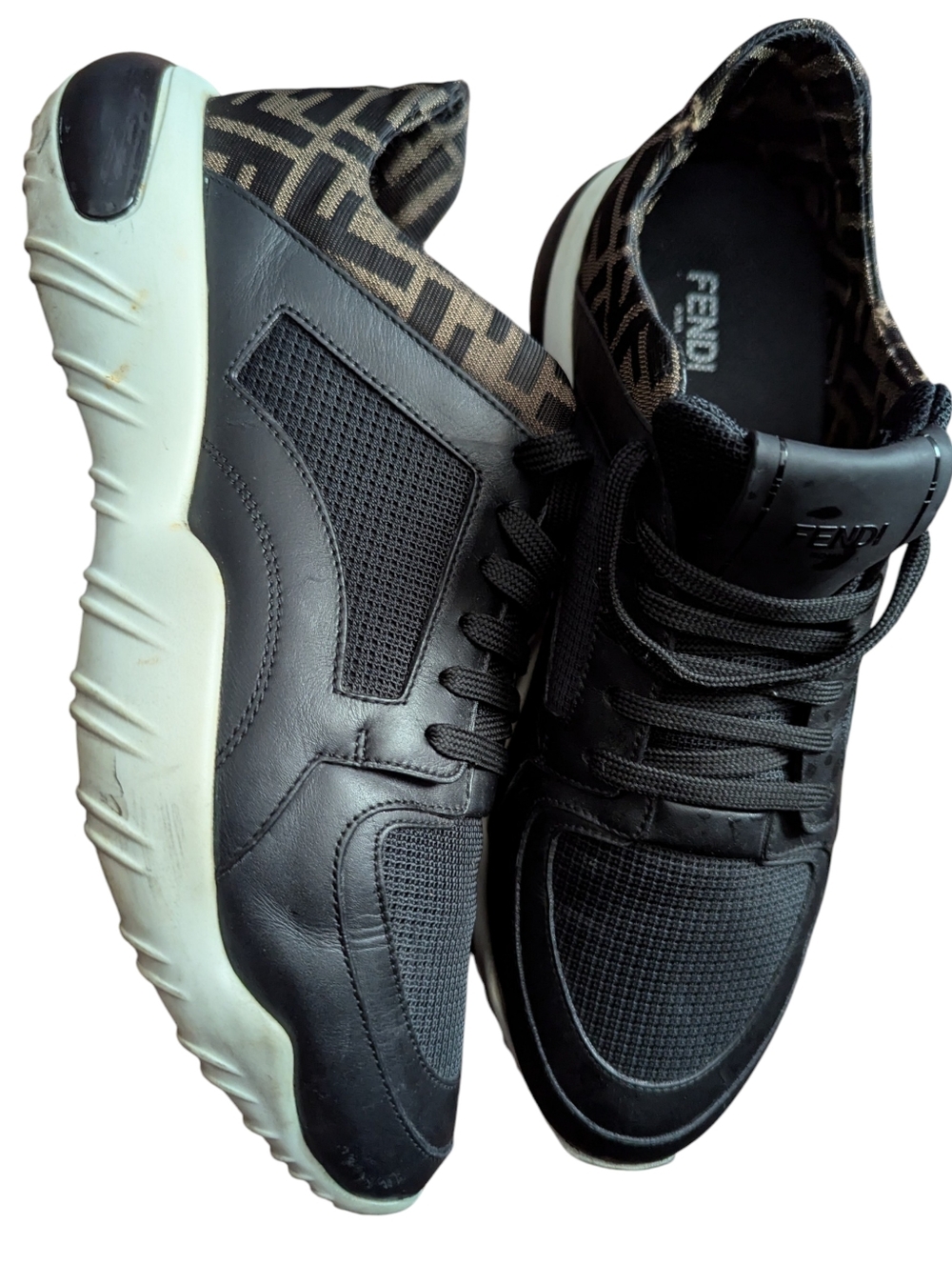 Fendi Black/Brown Leather and Zucca Fabric Low Top Sneakers